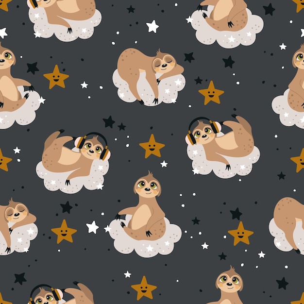 Seamless pattern with a cute sloth on a summer background Vector illustration