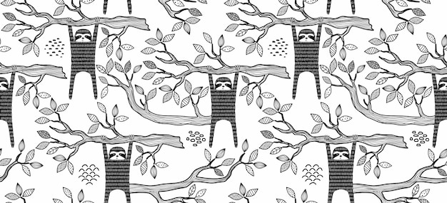 Seamless pattern with cute sloth on the tree