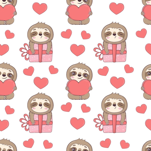 Seamless pattern with cute sloths for Valentine39s Day in cartoon style for kids children39s books and games print