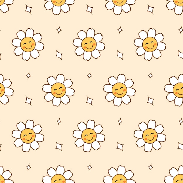 만화 스타일의 파스텔 노란색 배경에 귀여운 미소 카모마일 꽃과 원활한 패턴