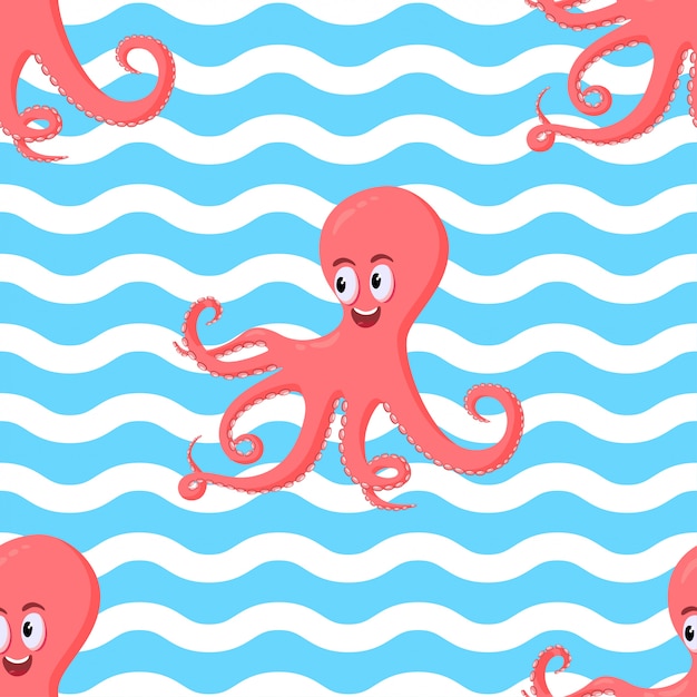 Seamless pattern with cute smiling coral octopus on wave ocean