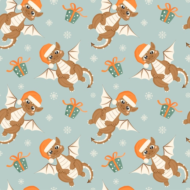 Seamless pattern with a cute smiling dragon wearing a Santa Claus hat with gift boxes and snowflakes