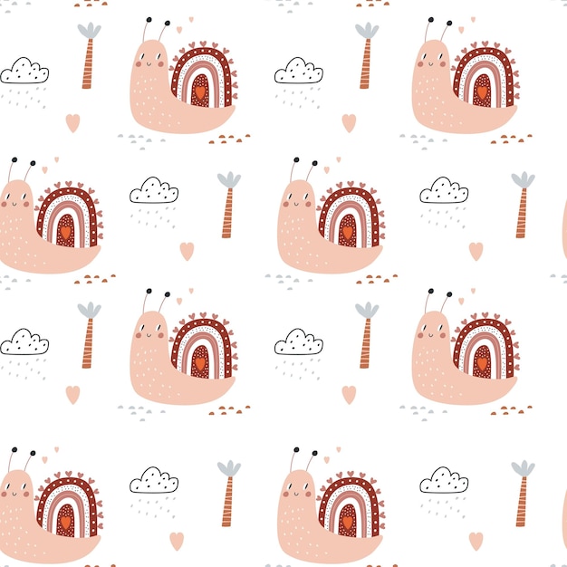 Seamless pattern with a cute snail Vector illustration