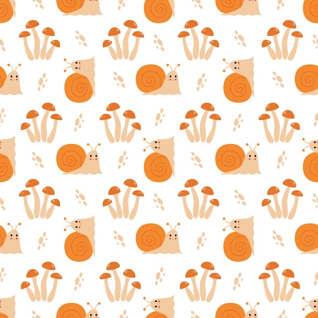 Vector seamless pattern with cute snails and mushrooms woodland pattern