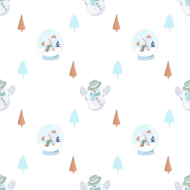 Seamless pattern with cute snowman in a knitted mittens, simple christmas trees and snowglobe