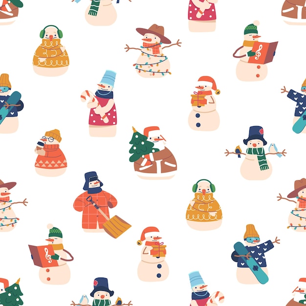 Seamless Pattern with Cute Snowmen Horizontal Border or Frame with Funny Characters Drinking Coffee Holding Snowboard Garland and Firtree New Year and Christmas Decor Cartoon Vector Illustration