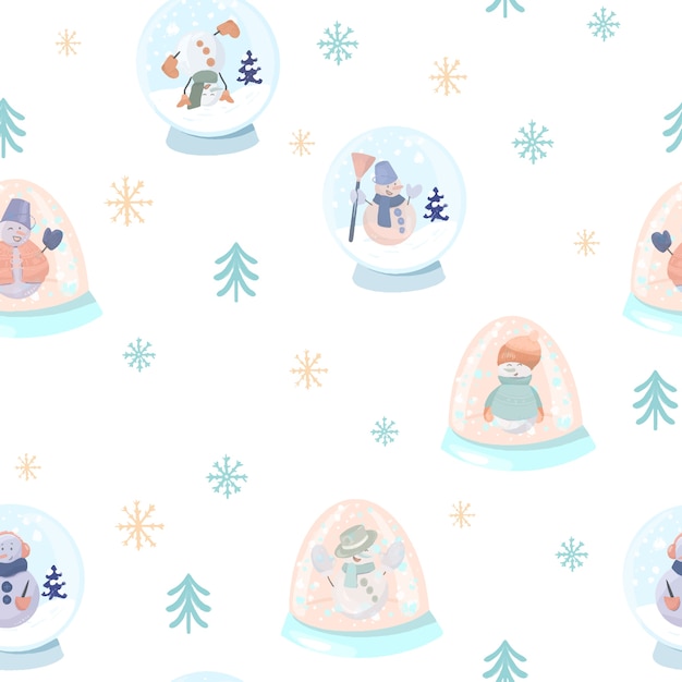 Seamless pattern with cute snowmen in a snow glass globes, simple christmas trees and snowflakes