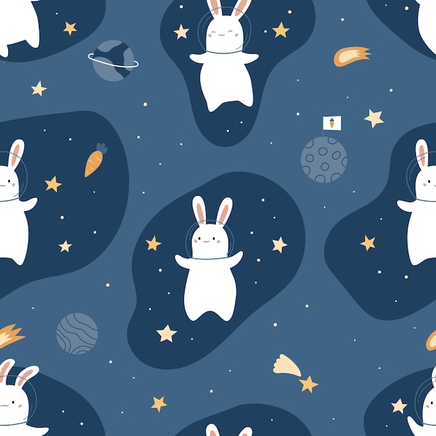 Seamless pattern with cute space rabbits