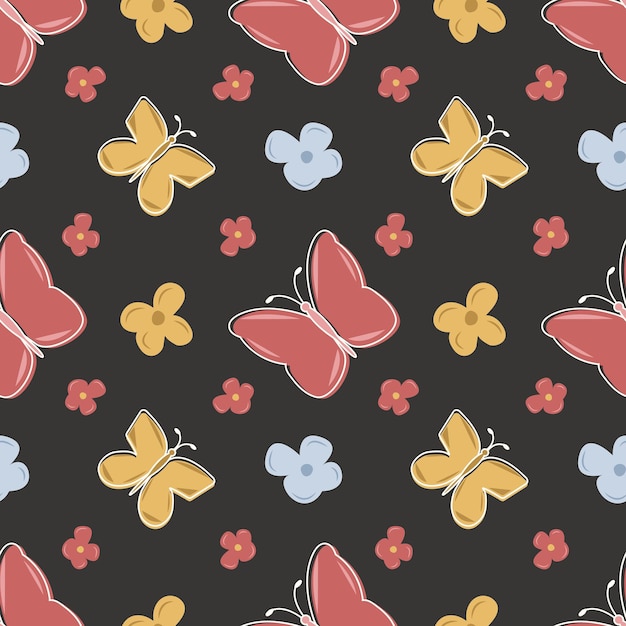 Seamless pattern with cute spring flowers and beautiful butterfly. Pastel colors. For textiles, wallpaper, paper and scrapbooking. Vector illustration isolated on dark background.