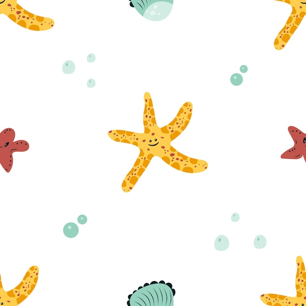 Бесшовный рисунок с милыми морскими звездами и ракушками. красочная детская текстура. летний подводный принт