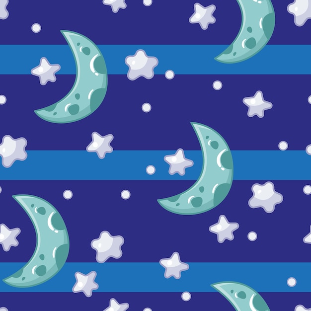 Вектор Бесшовный узор с милыми звездами и луной на синем полосатом фоне векторная иллюстрация сказки
