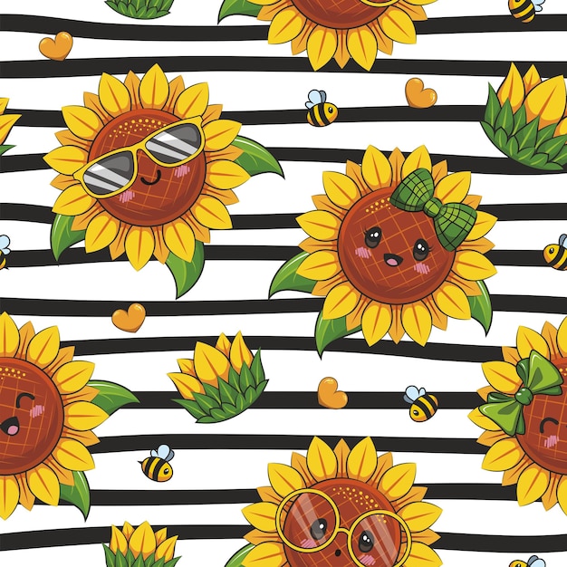 Vector seamless pattern with cute sunflowers on stripe background cute vector illustration