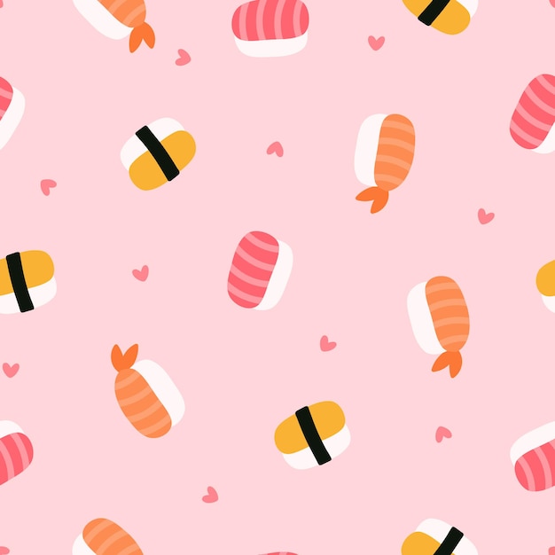 귀여운 스시 롤과 핑크색 하트가 있는 매끄러운 패턴