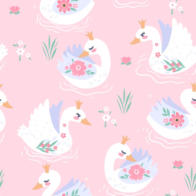 Seamless pattern with cute swans on the lake. vector graphics.