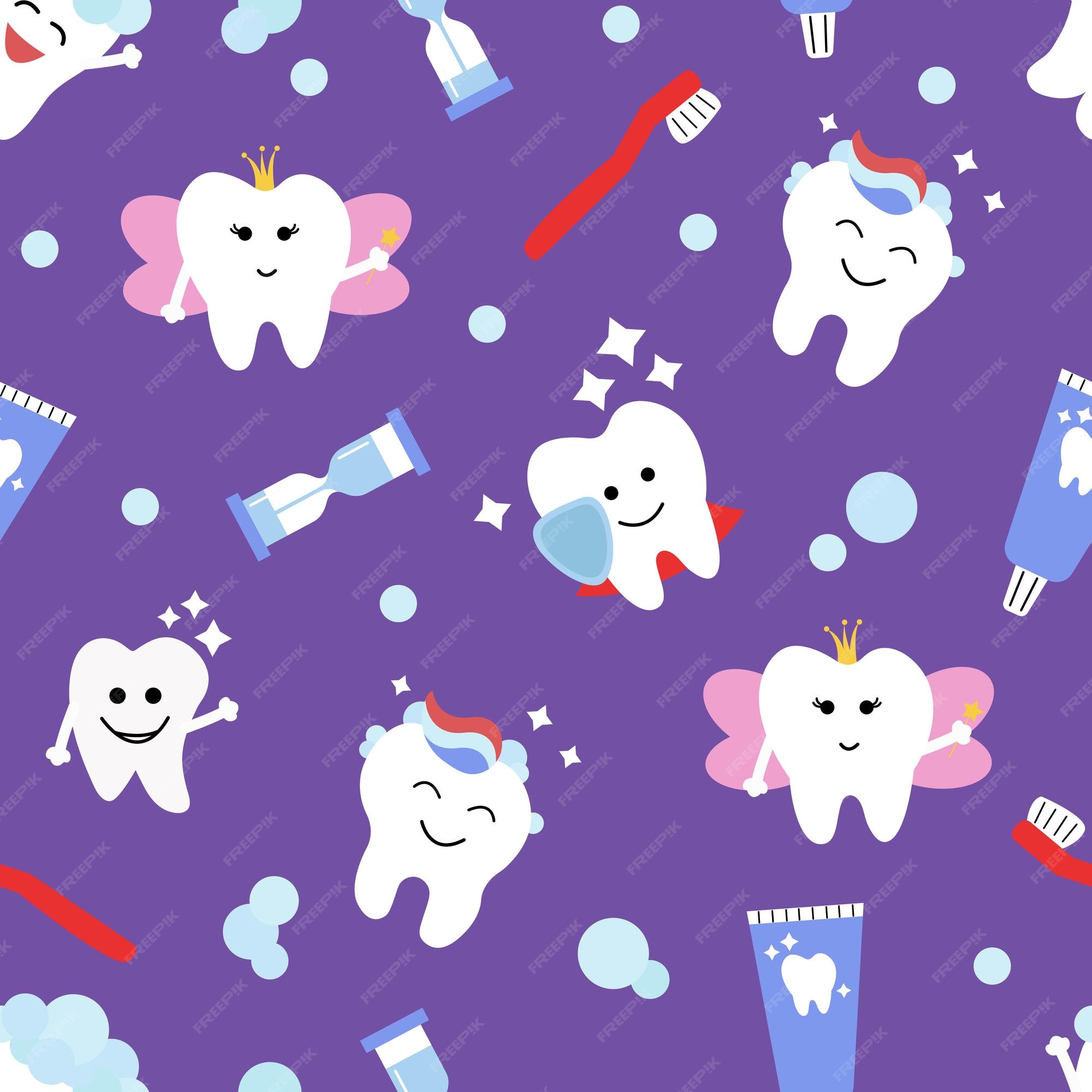 Premium Vector | Seamless pattern with cute teeth and objects for dental  care on purple background funny toothpaste