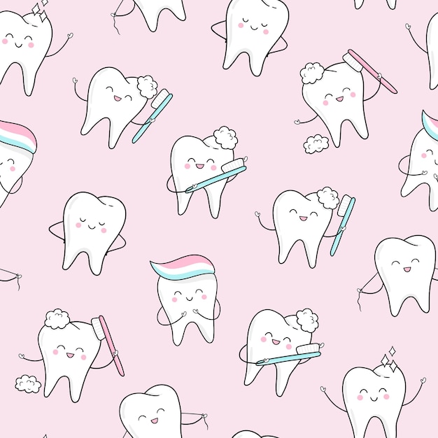 Modello senza cuciture con denti carini, spazzolino da denti, dentifricio in stile cartone animato su sfondo rosa. dentale