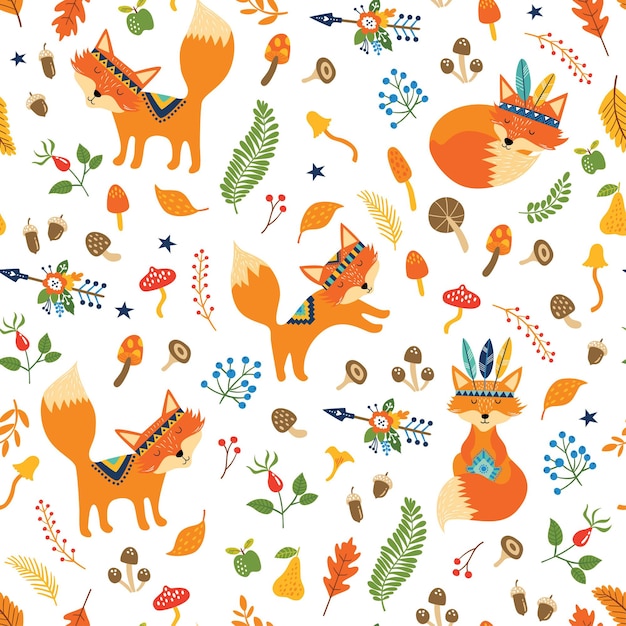 seamless pattern with cute tribal foxes, autumn floral elements, arrows, leaves.