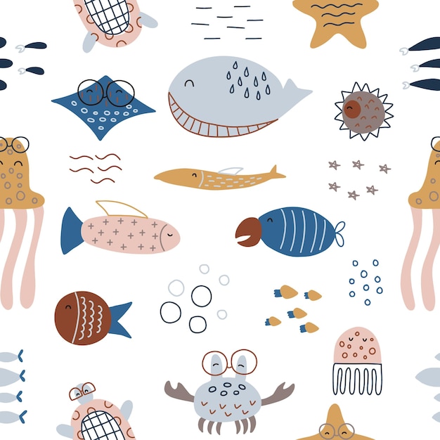 Seamless pattern with cute undersea inhabitants Creative childish background Vector Illustration