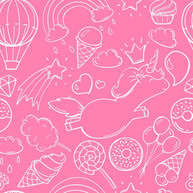 Seamless pattern with cute unicorn candy donuts ice cream and other sweets on bright pink background