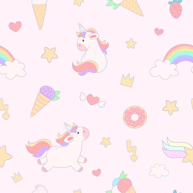 Vector seamless pattern with cute unicorns hearts rainbows doughnuts ice cream and other elements