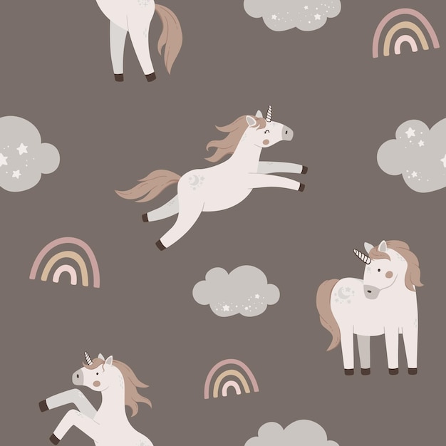 Motivo senza cuciture con simpatici unicorni e arcobaleno illustrazione vettoriale celeste piatta