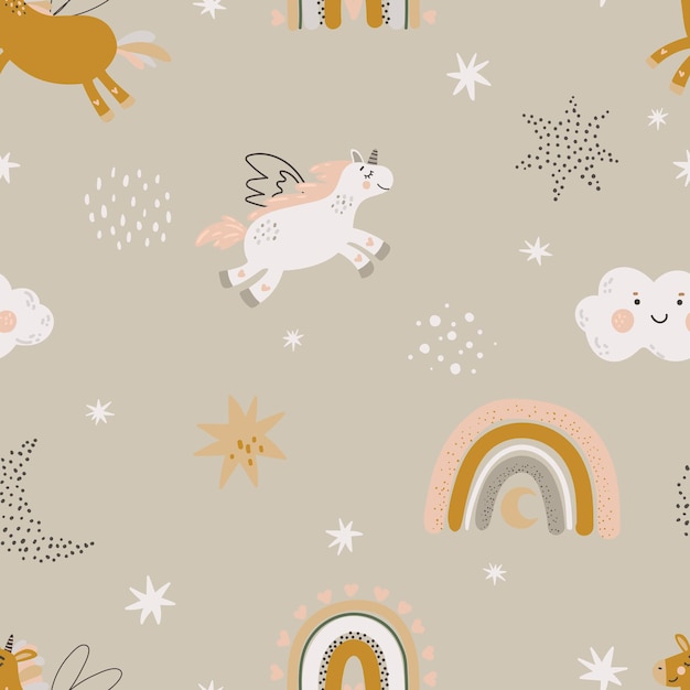 Seamless pattern with cute unicorns and rainbows for baby fabric paper postcards