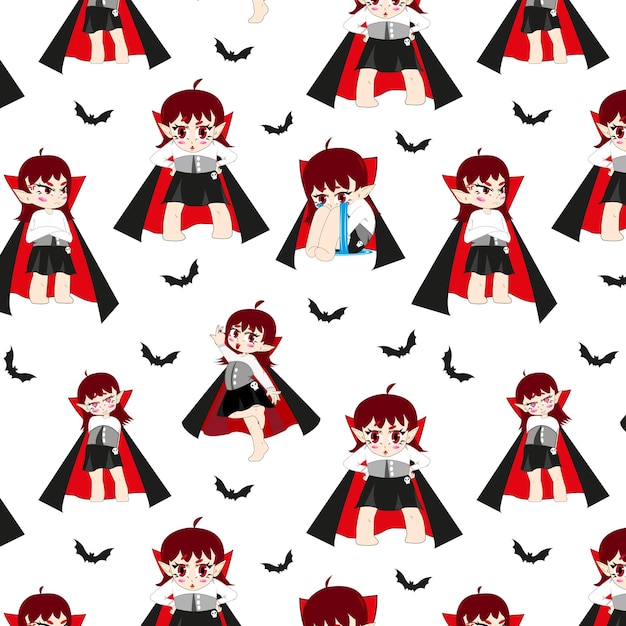 Seamless pattern with Cute vampire anime girls Cartoon halloween icon nice lady in vampire costume