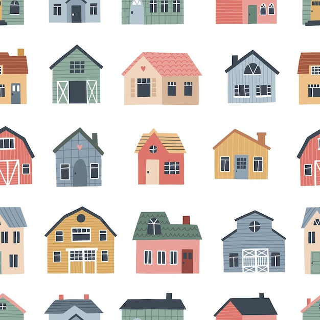 Seamless pattern with cute village  houses. hand drawn vector illustration for nursery textile or wallpaper design.