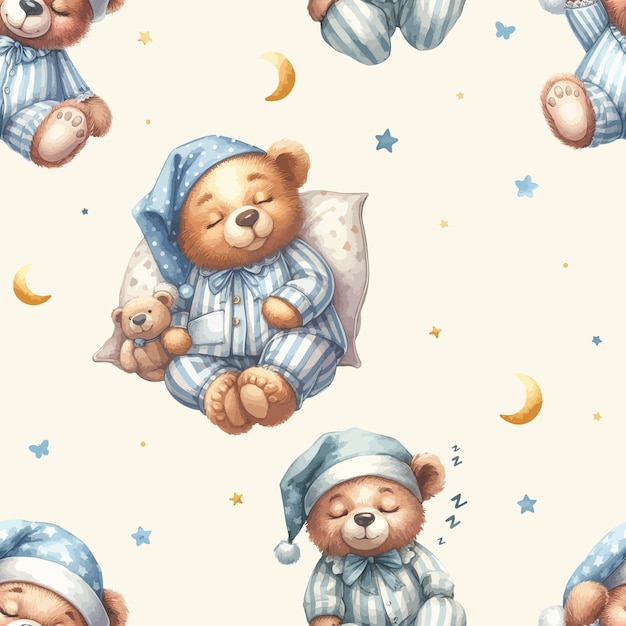 Vector seamless pattern with cute watercolor sleeping bear on moon and cloud