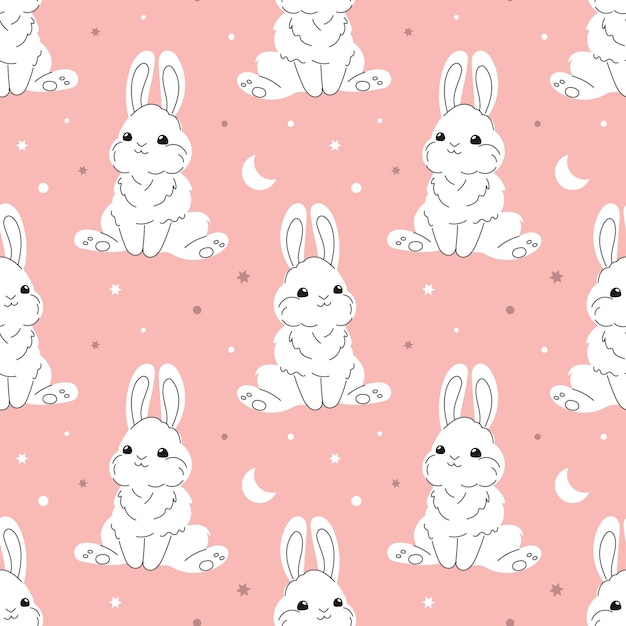 Seamless pattern with cute white bunnies on a pastel background with stars Baby print