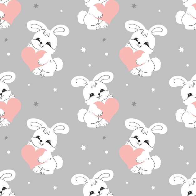 별이 있는 파스텔 배경에 귀여운 흰색 토끼가 있는 매끄러운 패턴 베이비 프린트