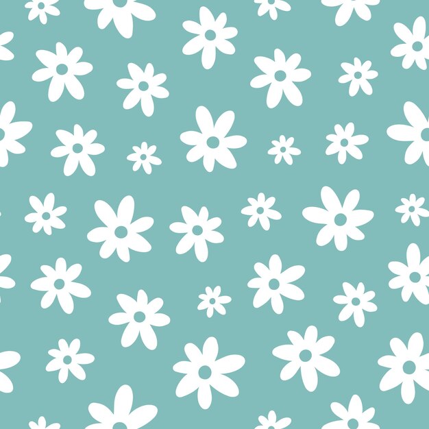 Seamless pattern with cute white flowers and green background