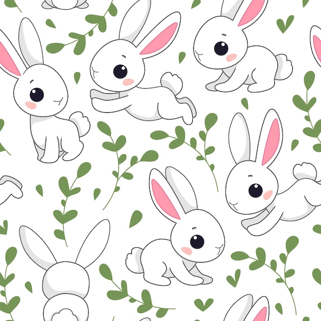 Vector seamless pattern with cute white rabbits or hares on a white background and plants vector fairy tale