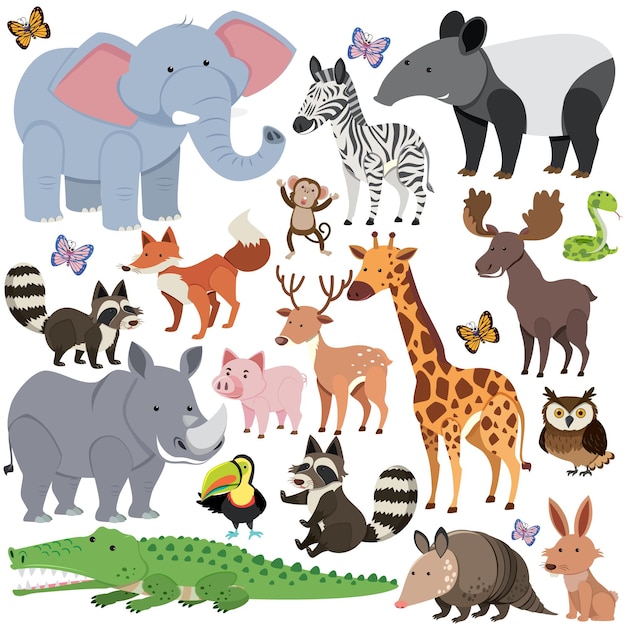 Vector seamless pattern with cute wild animals on white background