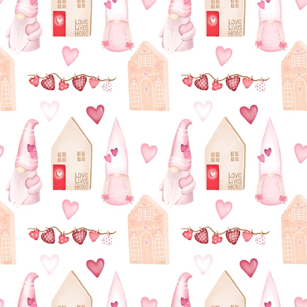 Seamless pattern with cute wooden houses and gnomes