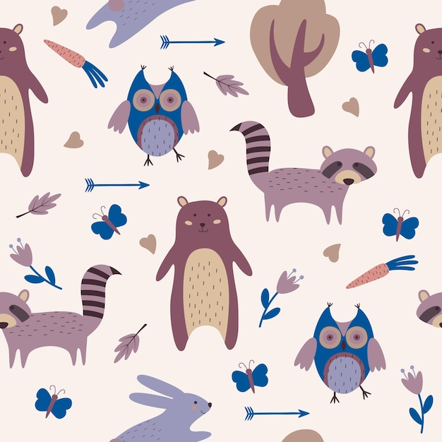 seamless pattern with cute woodland animals scandinavian style