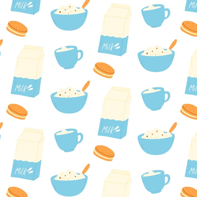 Seamless pattern with dairy products Print for fabric with porridge cookies and milk Vector illustration Flat style