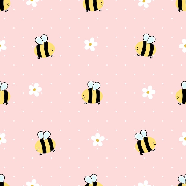 Seamless pattern with daisy flower and bee cartoons on pink background vector illustration