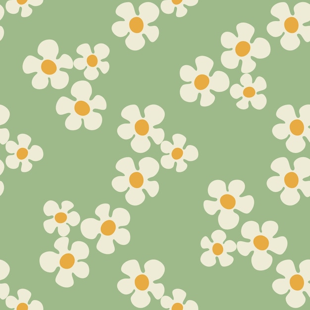 Seamless pattern with daisy flowers in Groovy style on a green background