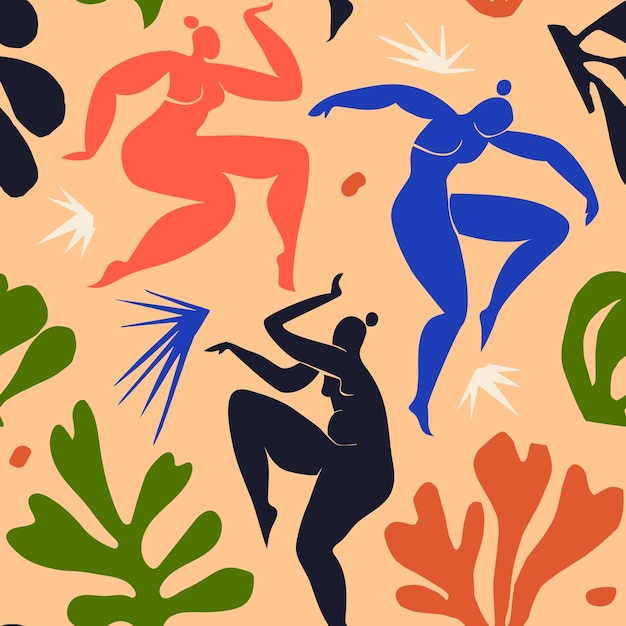 Vettore modello senza cuciture con donne astratte danzanti ispirate a matisse danza femminile tra piante astratte