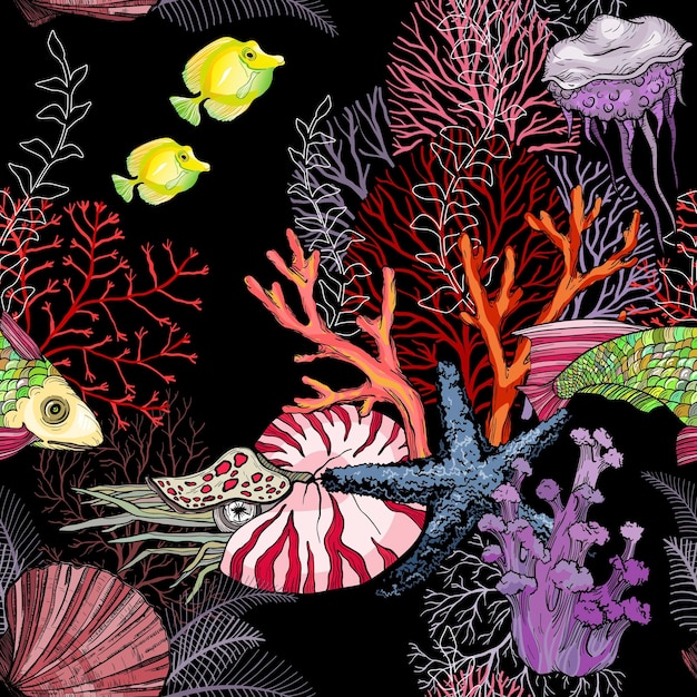 Vector seamless pattern with dark ocean night hand drawn marine life