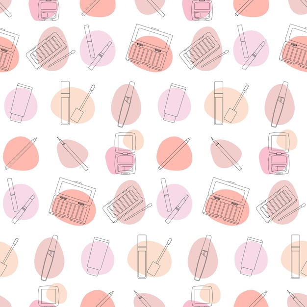 Vector seamless pattern with decorative cosmetics in the style of line art with colored spots