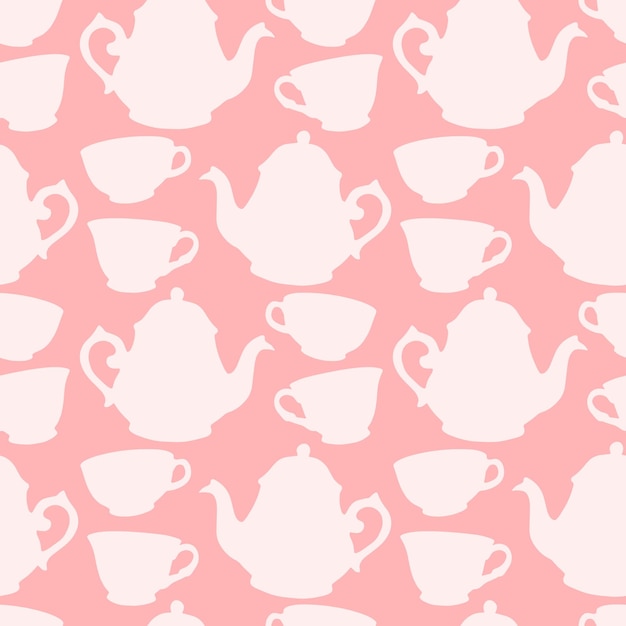 Vector seamless pattern with decorative cups and teapots