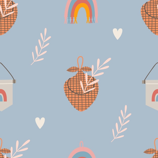 Vector seamless pattern with decorative elements in boho style. hanging basket for decoration. vector illus