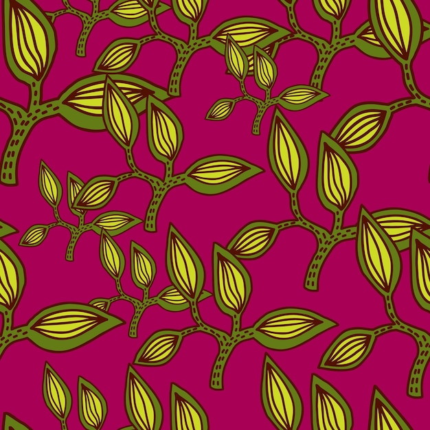 装飾的な葉とのシームレスなパターン 手描きのエキゾチックな植物のテクスチャー スケッチ ジャングル リーフのシームレスな壁紙