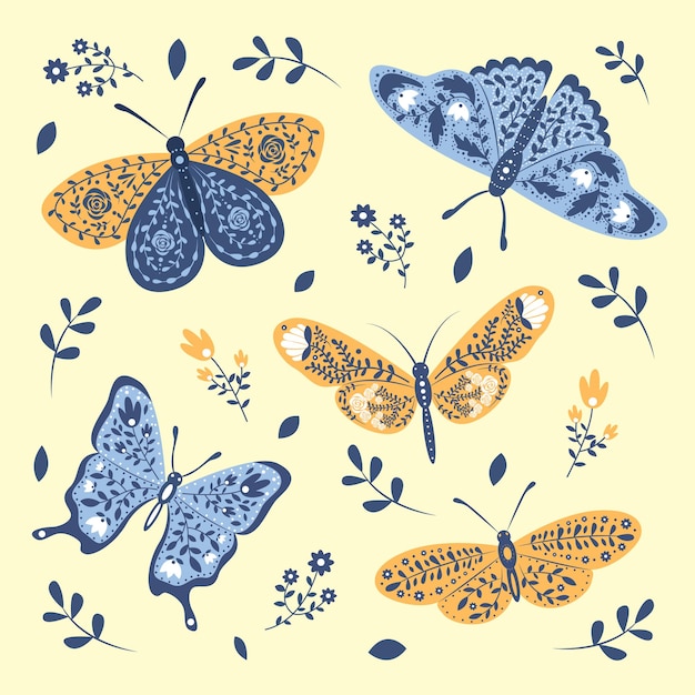 Seamless pattern with decorativebutterflies in scandinavian style