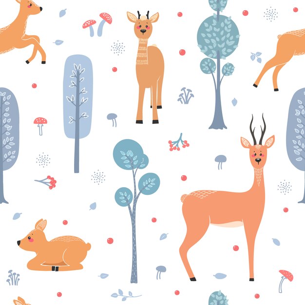 사슴, 미상, 나무, 식물, 부시 및 다른 요소의 배경에 노루와 완벽 한 패턴입니다. 삽화