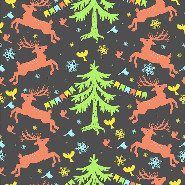 Seamless pattern with deers, Christmas trees, birds.