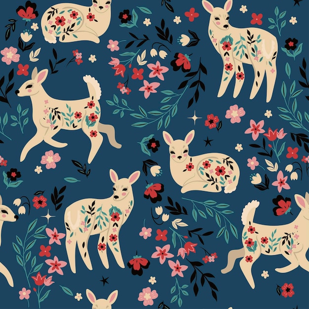 Seamless pattern with deers and flowers Vector graphics