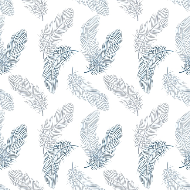 Seamless pattern with delicate blue feathers on a white background Background textile vector